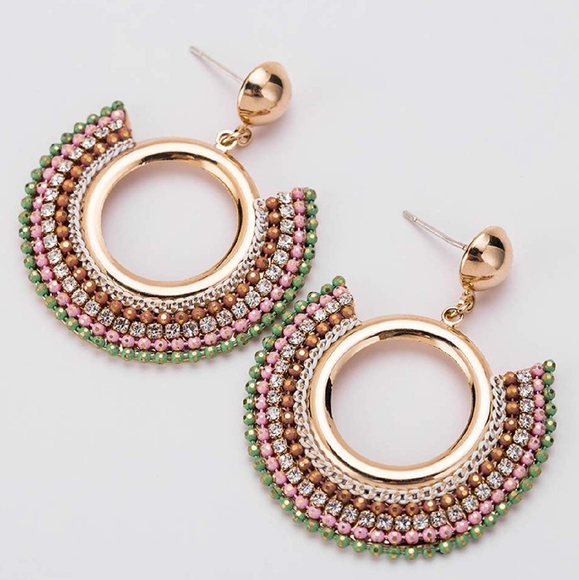 Womens Round Hoop Embellished Drop Earrings Gold - Picture 3 of 5